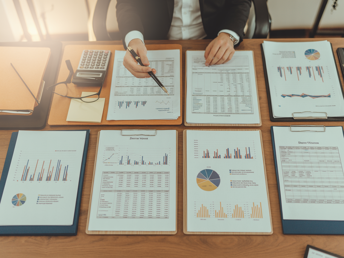 Business valuation documents, financial statements, and charts organized on a professional desk